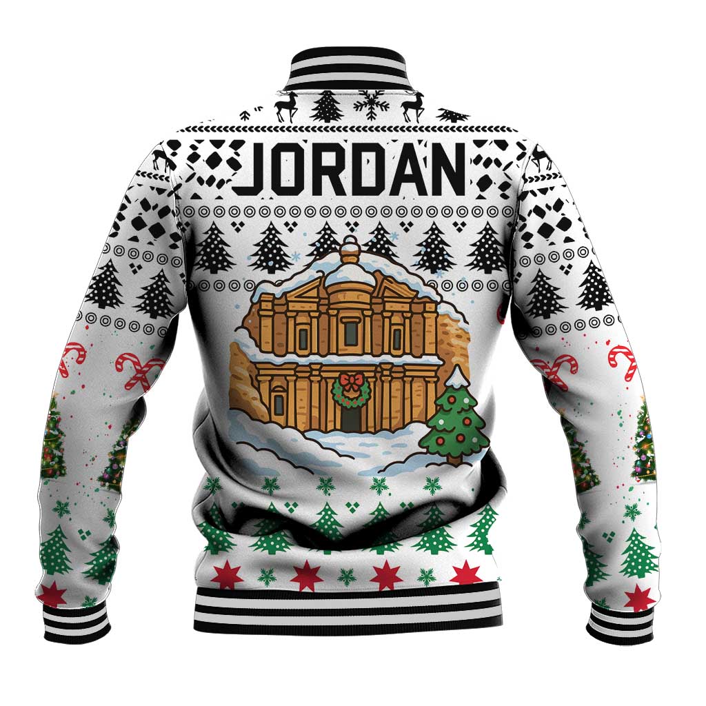 Jordan Christmas Baseball Jacket with Petra Monastery Snow Christmas Trees and Candy Cane Pattern - Wonder Print Shop