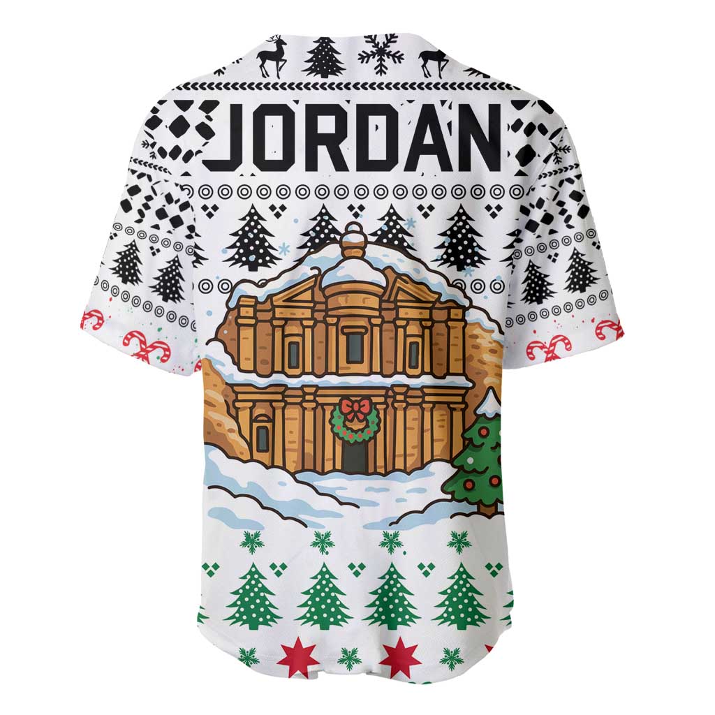 Jordan Christmas Baseball Jersey with Petra Monastery Snow Christmas Trees and Candy Cane Pattern - Wonder Print Shop