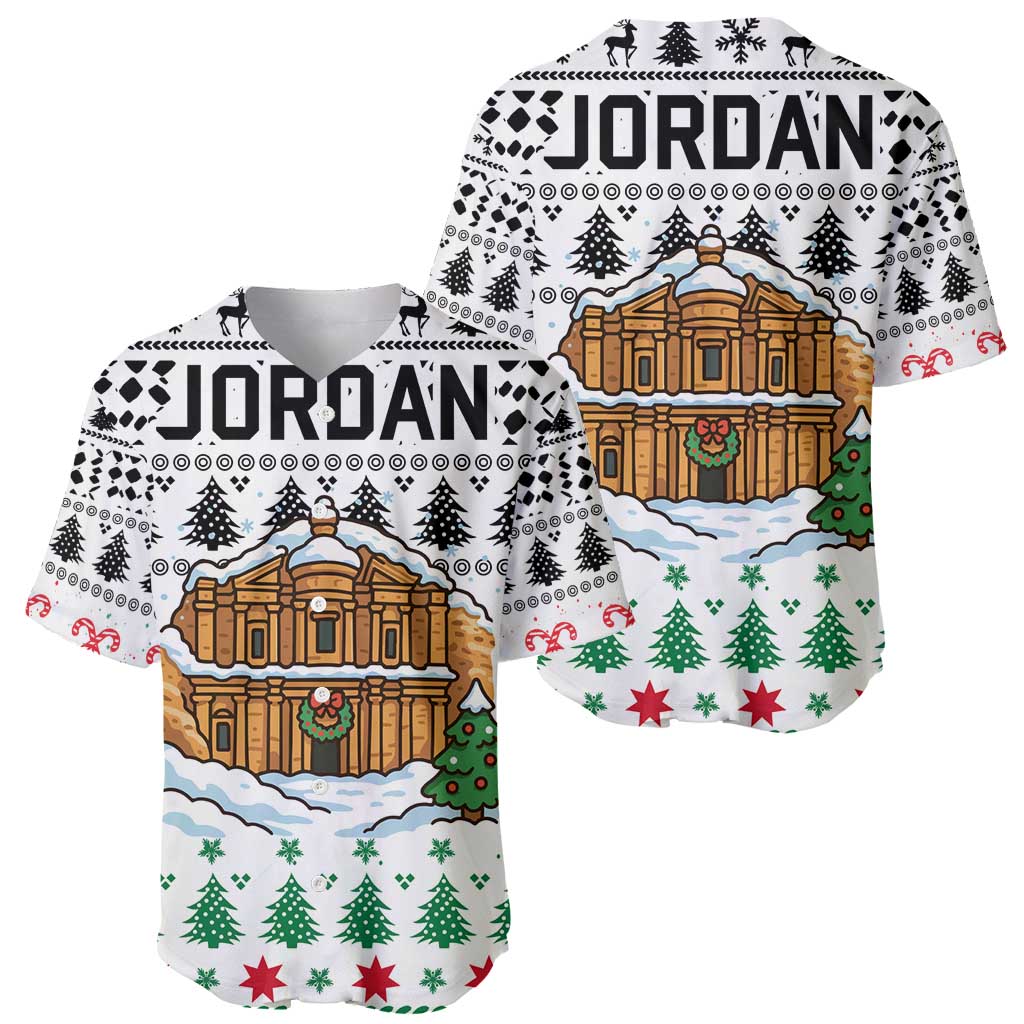 Jordan Christmas Baseball Jersey with Petra Monastery Snow Christmas Trees and Candy Cane Pattern - Wonder Print Shop