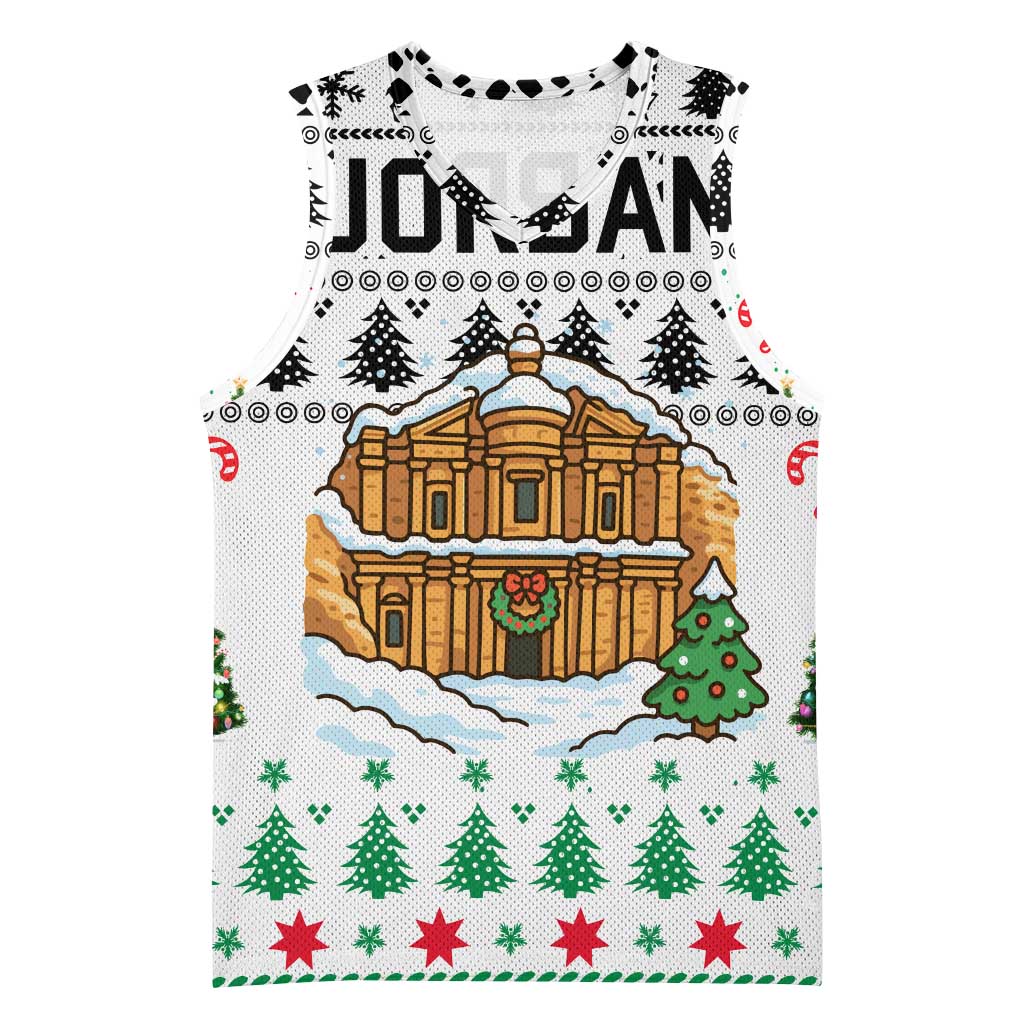 Jordan Christmas Basketball Jersey with Petra Monastery Snow Christmas Trees and Candy Cane Pattern - Wonder Print Shop