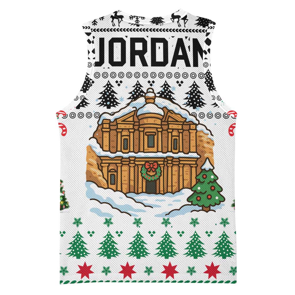 Jordan Christmas Basketball Jersey with Petra Monastery Snow Christmas Trees and Candy Cane Pattern - Wonder Print Shop
