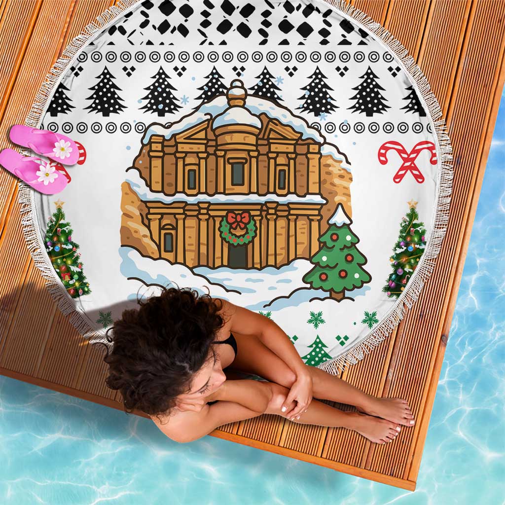 Jordan Christmas Beach Blanket with Petra Monastery Snow Christmas Trees and Candy Cane Pattern - Wonder Print Shop