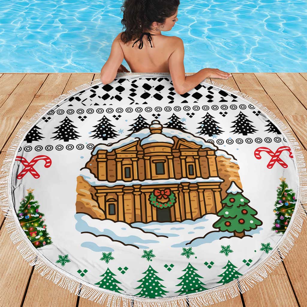 Jordan Christmas Beach Blanket with Petra Monastery Snow Christmas Trees and Candy Cane Pattern - Wonder Print Shop