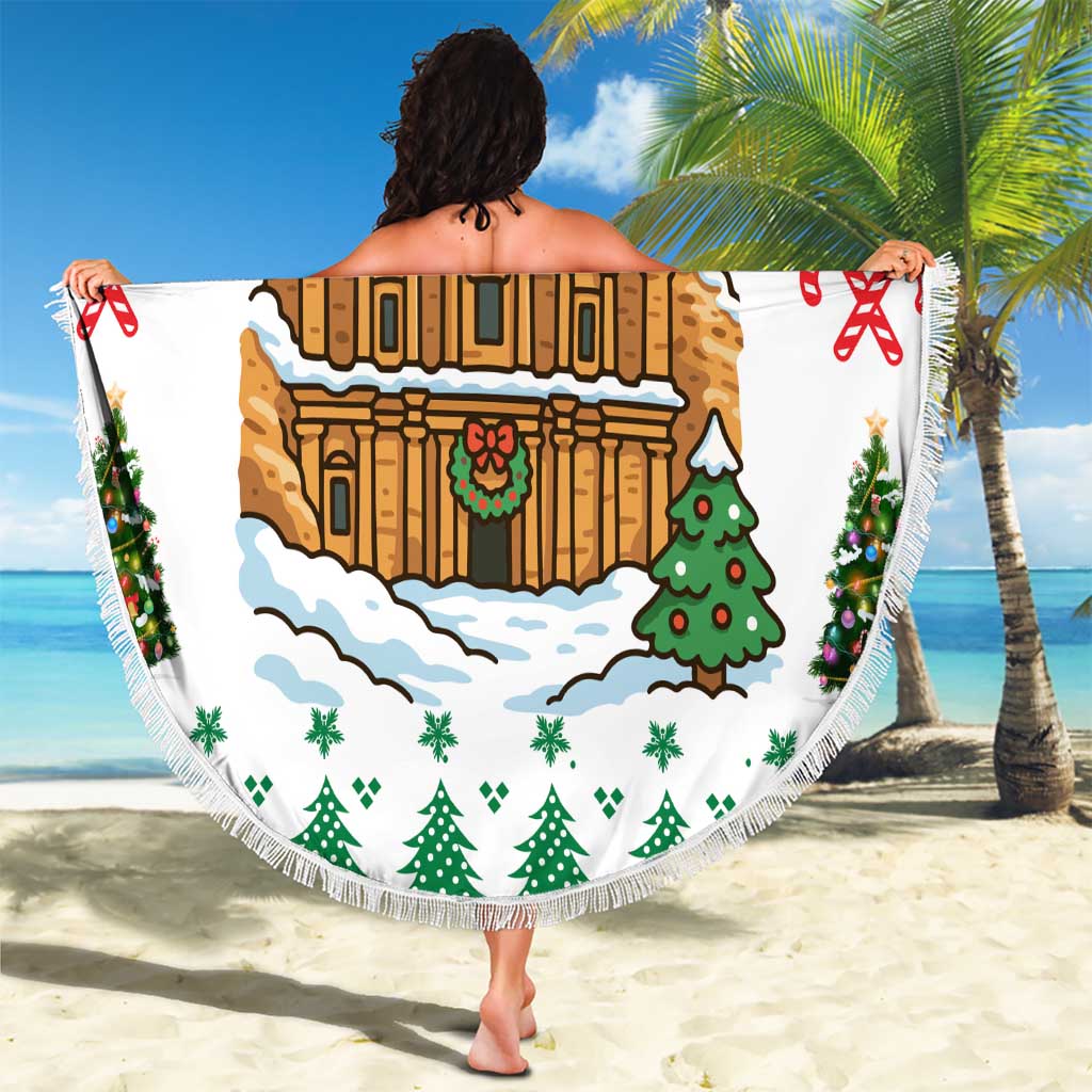 Jordan Christmas Beach Blanket with Petra Monastery Snow Christmas Trees and Candy Cane Pattern - Wonder Print Shop