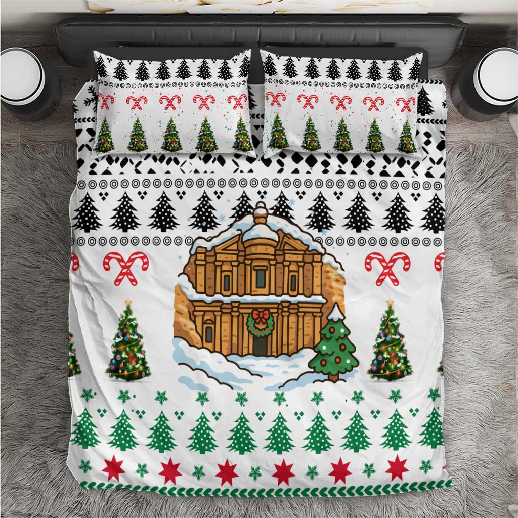 Jordan Christmas Bedding Set with Petra Monastery Snow Christmas Trees and Candy Cane Pattern - Wonder Print Shop