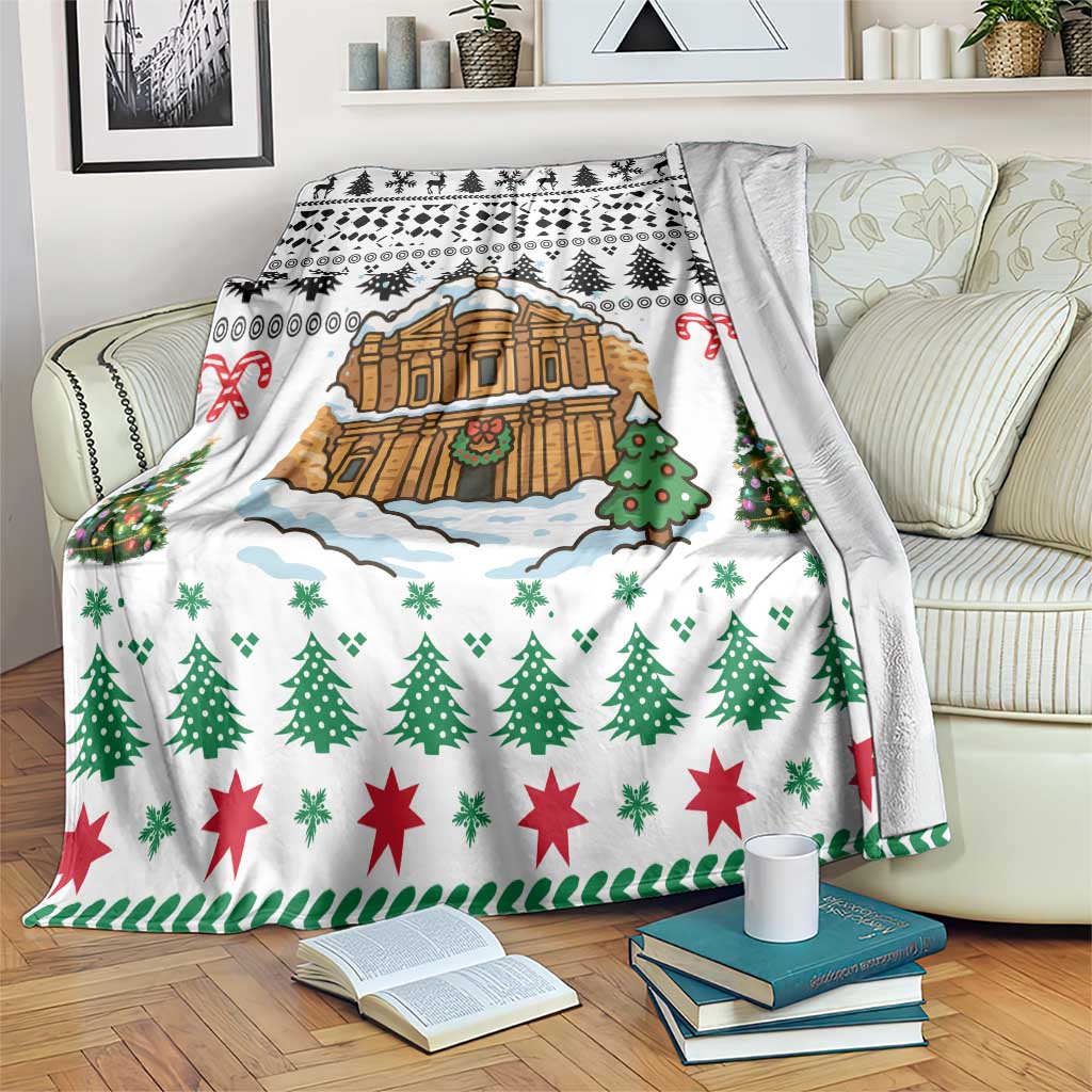 Jordan Christmas Blanket with Petra Monastery Snow Christmas Trees and Candy Cane Pattern - Wonder Print Shop