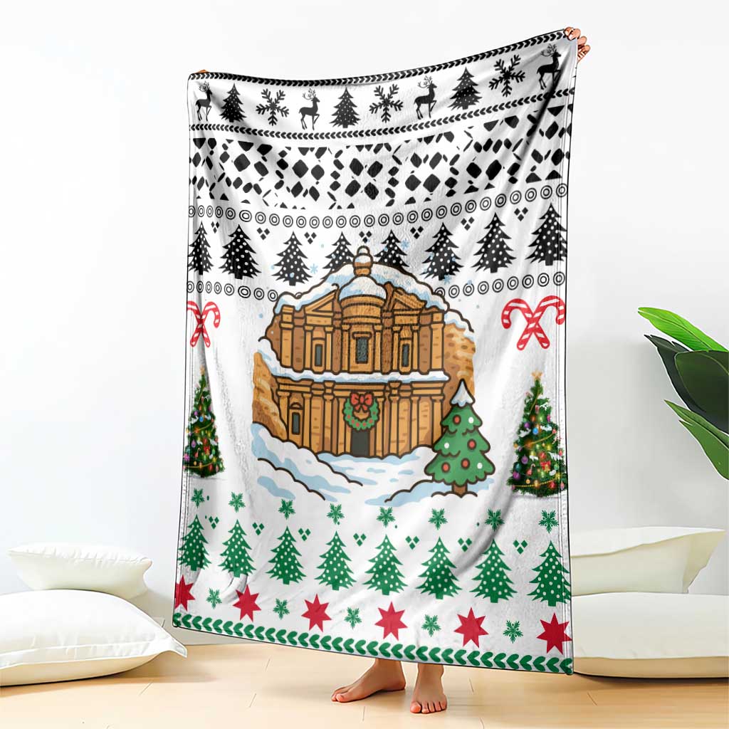Jordan Christmas Blanket with Petra Monastery Snow Christmas Trees and Candy Cane Pattern - Wonder Print Shop