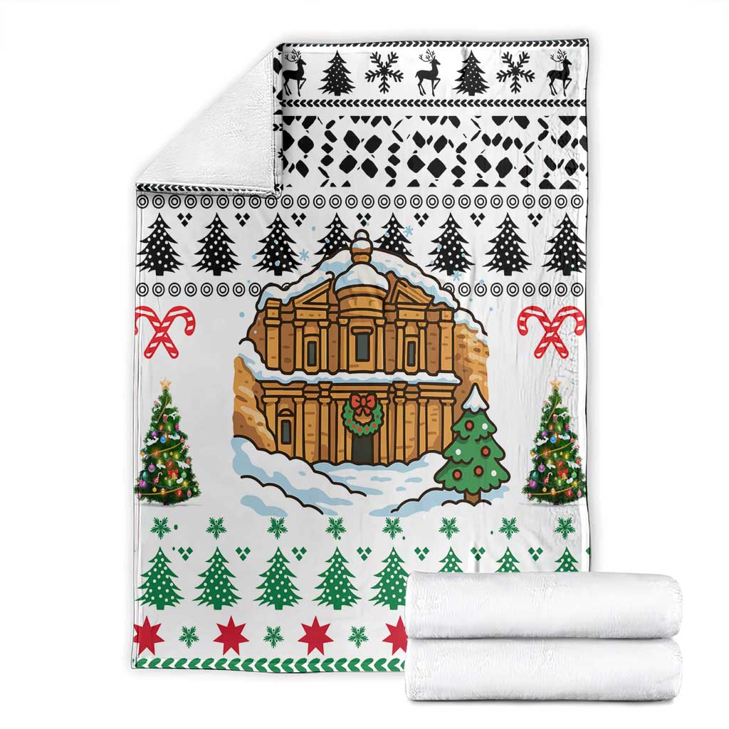 Jordan Christmas Blanket with Petra Monastery Snow Christmas Trees and Candy Cane Pattern - Wonder Print Shop