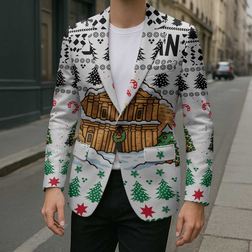 Jordan Christmas Blazer with Petra Monastery Snow Christmas Trees and Candy Cane Pattern - Wonder Print Shop