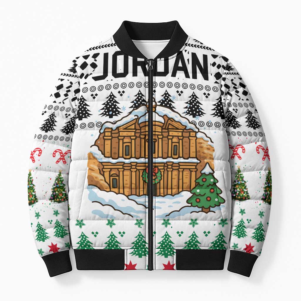 Jordan Christmas Bomber Puffer Jacket with Petra Monastery Snow Christmas Trees and Candy Cane Pattern - Wonder Print Shop