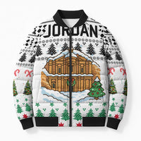 Jordan Christmas Bomber Puffer Jacket with Petra Monastery Snow Christmas Trees and Candy Cane Pattern - Wonder Print Shop