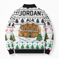 Jordan Christmas Bomber Puffer Jacket with Petra Monastery Snow Christmas Trees and Candy Cane Pattern - Wonder Print Shop