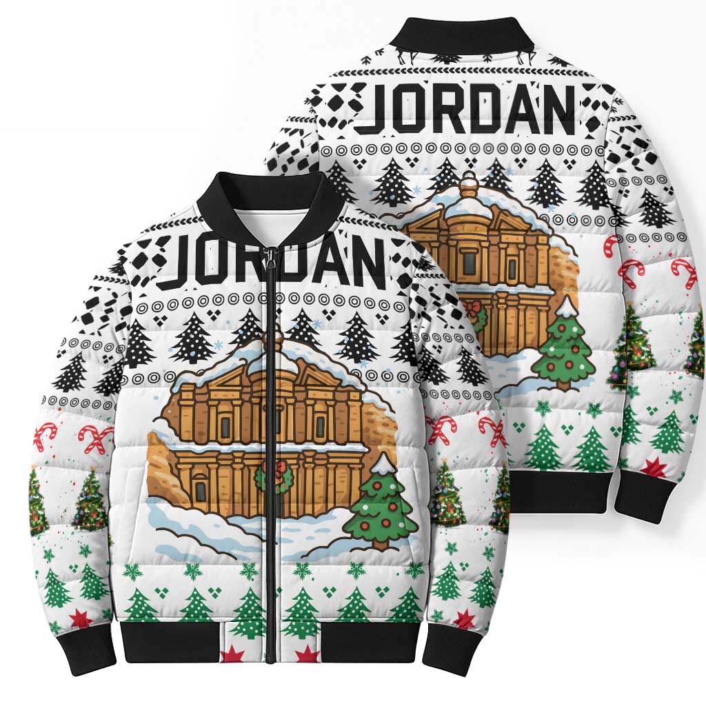 Jordan Christmas Bomber Puffer Jacket with Petra Monastery Snow Christmas Trees and Candy Cane Pattern - Wonder Print Shop