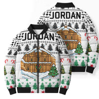 Jordan Christmas Bomber Puffer Jacket with Petra Monastery Snow Christmas Trees and Candy Cane Pattern - Wonder Print Shop