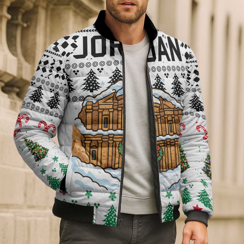 Jordan Christmas Bomber Puffer Jacket with Petra Monastery Snow Christmas Trees and Candy Cane Pattern - Wonder Print Shop