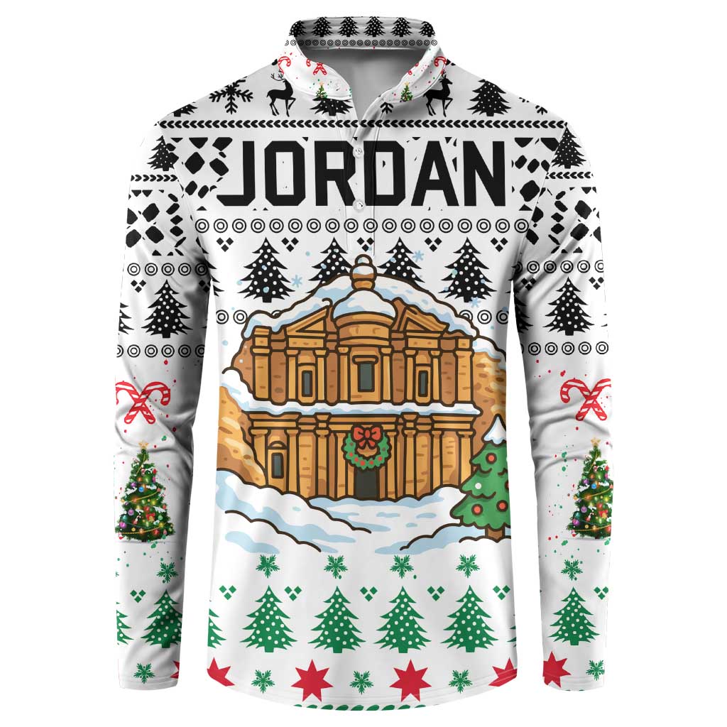 Jordan Christmas Button Sweatshirt with Petra Monastery Snow Christmas Trees and Candy Cane Pattern - Wonder Print Shop
