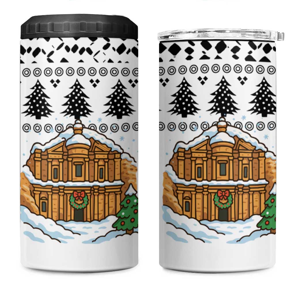 Jordan Christmas 4 in 1 Can Cooler Tumbler with Petra Monastery Snow Christmas Trees and Candy Cane Pattern - Wonder Print Shop