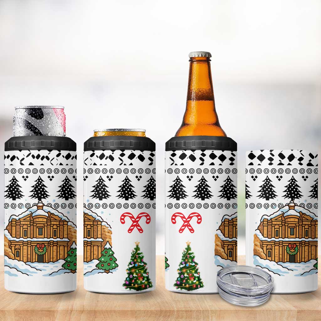 Jordan Christmas 4 in 1 Can Cooler Tumbler with Petra Monastery Snow Christmas Trees and Candy Cane Pattern - Wonder Print Shop