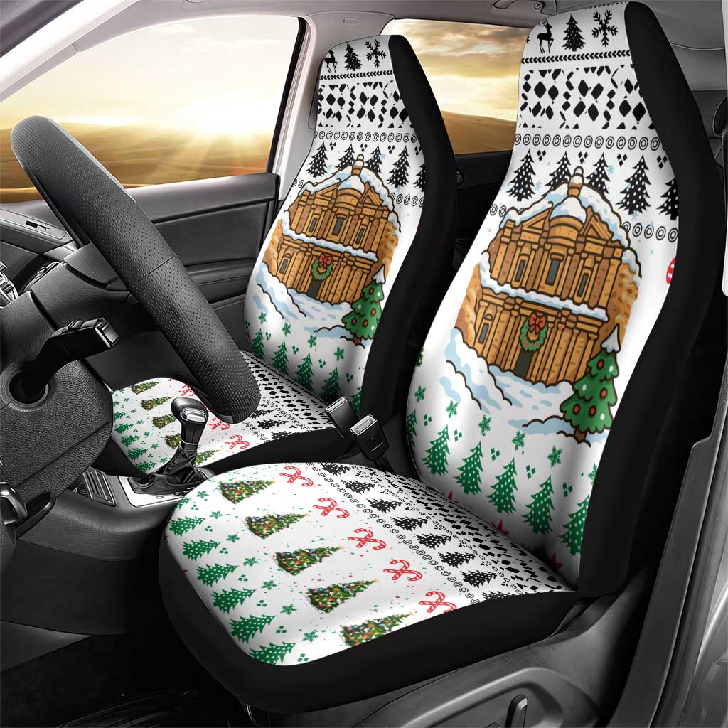 Jordan Christmas Car Seat Cover with Petra Monastery Snow Christmas Trees and Candy Cane Pattern - Wonder Print Shop