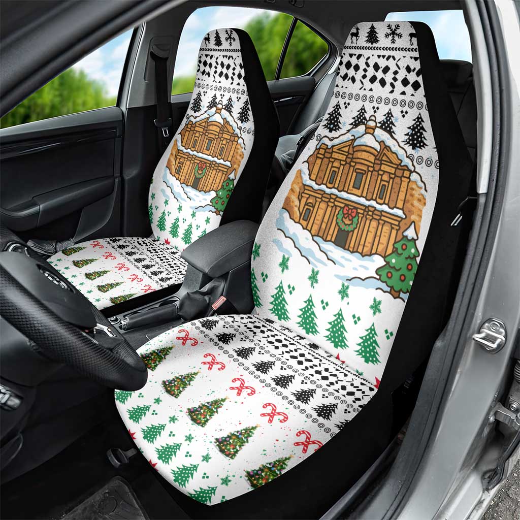 Jordan Christmas Car Seat Cover with Petra Monastery Snow Christmas Trees and Candy Cane Pattern - Wonder Print Shop