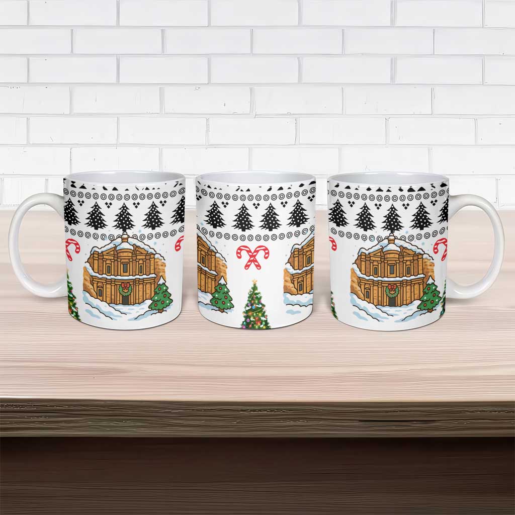 Jordan Christmas Ceramic Mug with Petra Monastery Snow Christmas Trees and Candy Cane Pattern - Wonder Print Shop