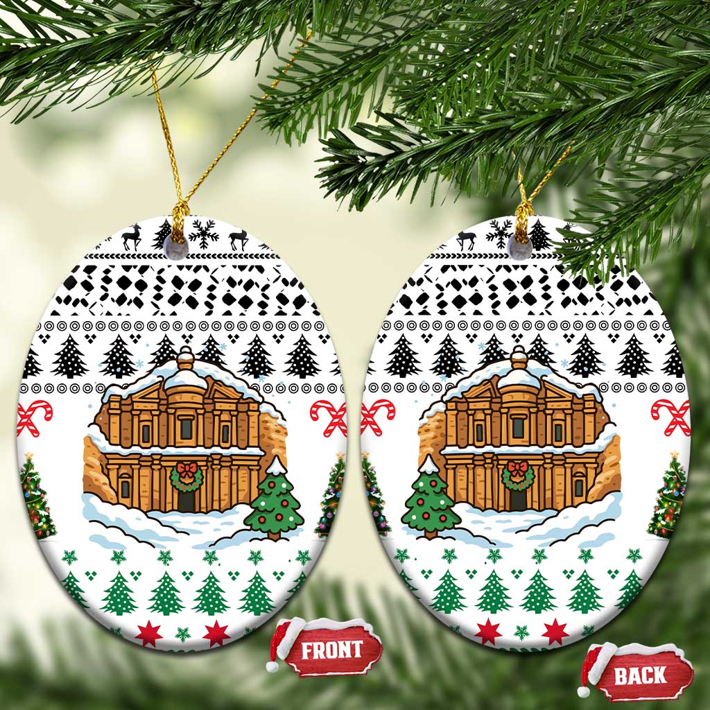 Jordan Christmas Ceramic Ornament with Petra Monastery Snow Christmas Trees and Candy Cane Pattern - Wonder Print Shop