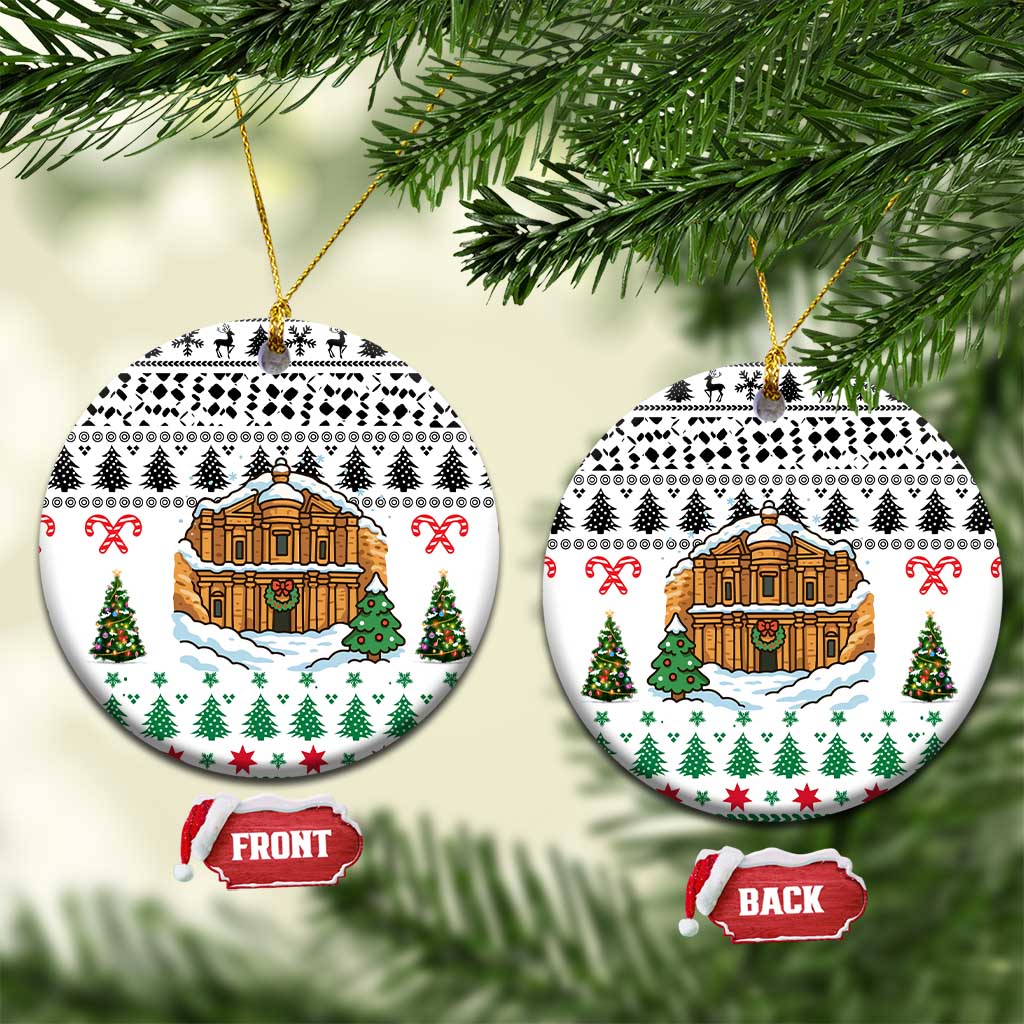 Jordan Christmas Ceramic Ornament with Petra Monastery Snow Christmas Trees and Candy Cane Pattern - Wonder Print Shop