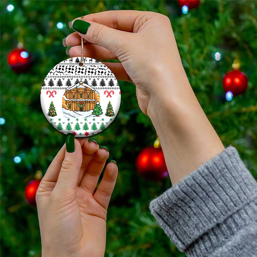 Jordan Christmas Ceramic Ornament with Petra Monastery Snow Christmas Trees and Candy Cane Pattern - Wonder Print Shop
