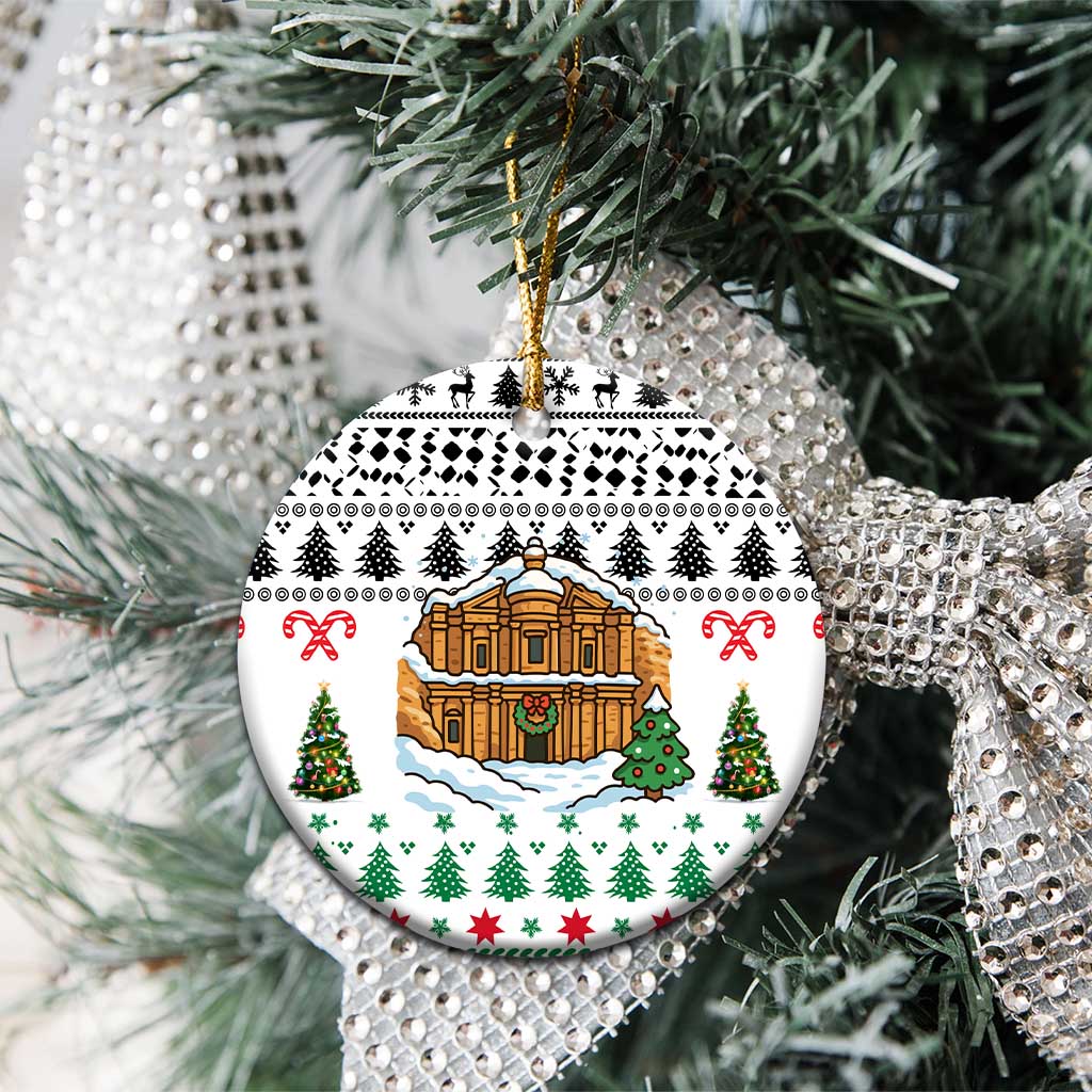Jordan Christmas Ceramic Ornament with Petra Monastery Snow Christmas Trees and Candy Cane Pattern - Wonder Print Shop