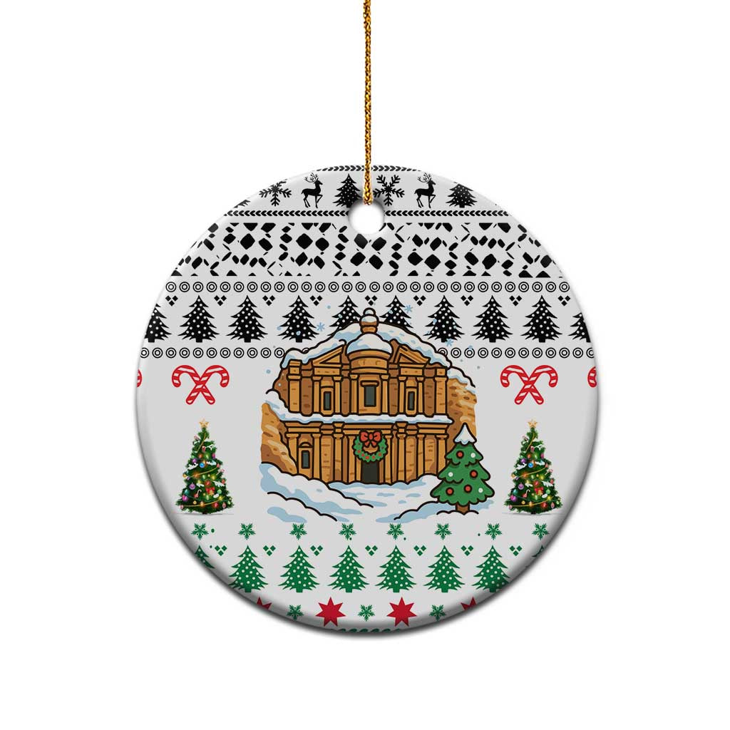 Jordan Christmas Ceramic Ornament with Petra Monastery Snow Christmas Trees and Candy Cane Pattern - Wonder Print Shop