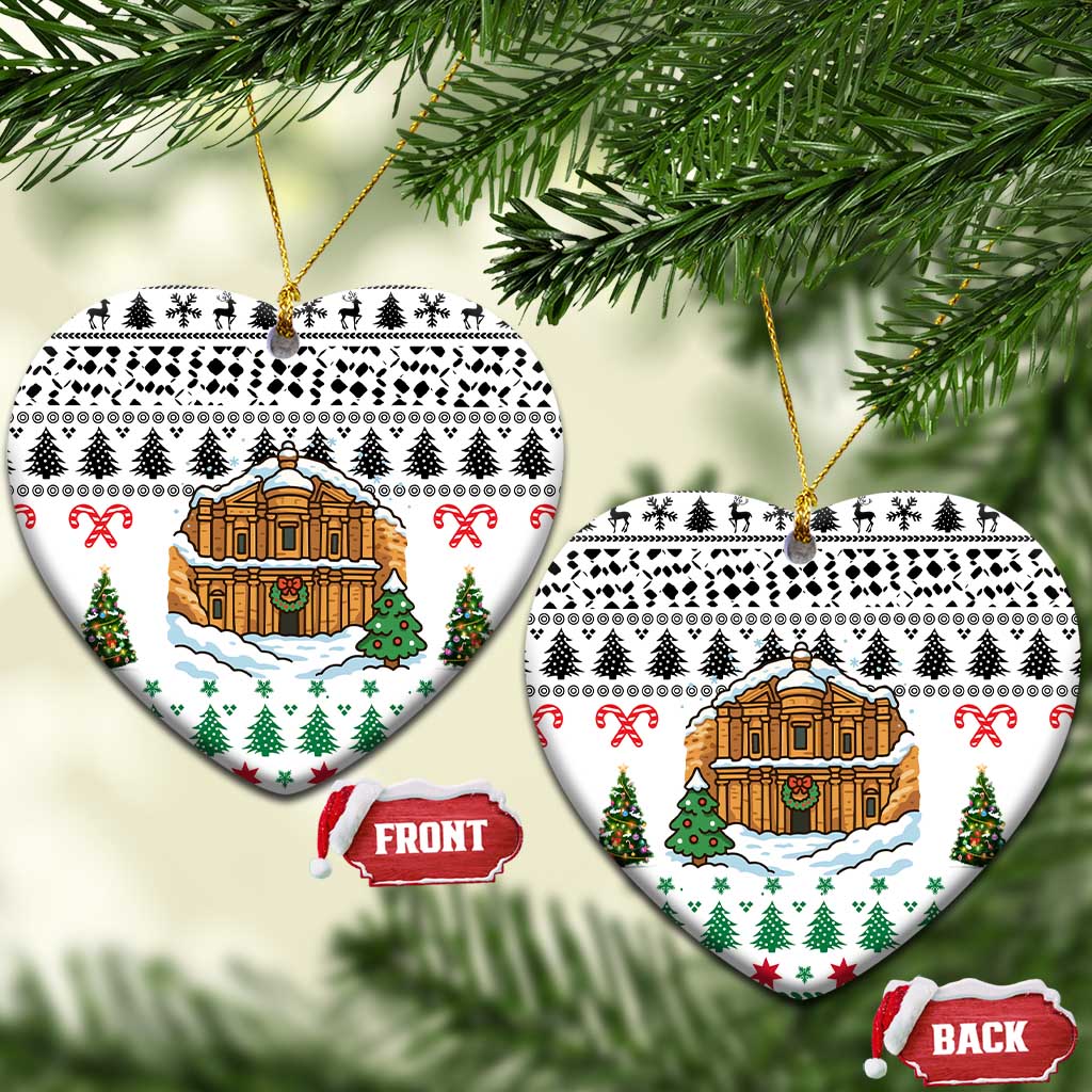 Jordan Christmas Ceramic Ornament with Petra Monastery Snow Christmas Trees and Candy Cane Pattern - Wonder Print Shop