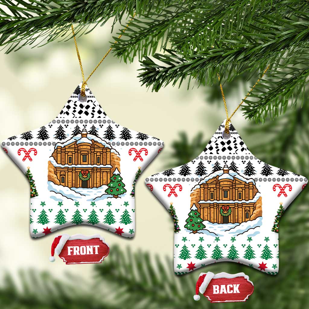 Jordan Christmas Ceramic Ornament with Petra Monastery Snow Christmas Trees and Candy Cane Pattern - Wonder Print Shop