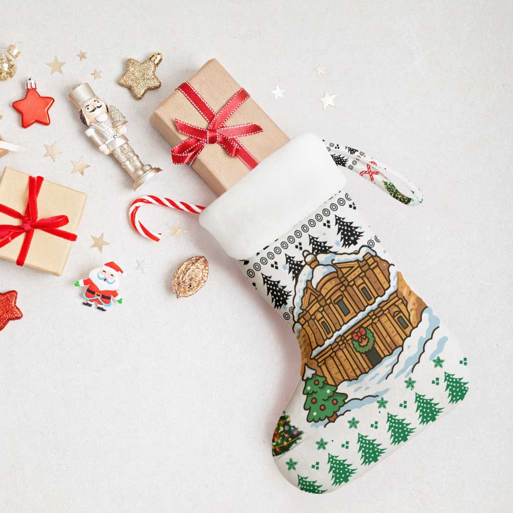 Jordan Christmas Stocking with Petra Monastery Snow Christmas Trees and Candy Cane Pattern - Wonder Print Shop