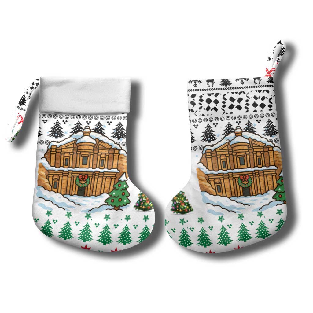 Jordan Christmas Stocking with Petra Monastery Snow Christmas Trees and Candy Cane Pattern - Wonder Print Shop