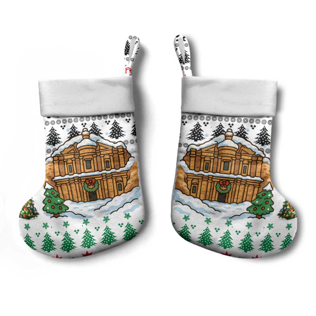 Jordan Christmas Stocking with Petra Monastery Snow Christmas Trees and Candy Cane Pattern - Wonder Print Shop
