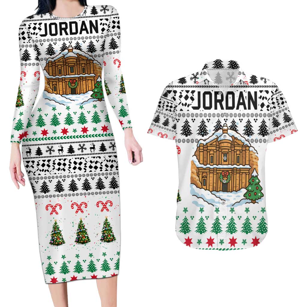 Jordan Christmas Couples Matching Long Sleeve Bodycon Dress and Hawaiian Shirt with Petra Monastery Snow Christmas Trees and Candy Cane Pattern - Wonder Print Shop