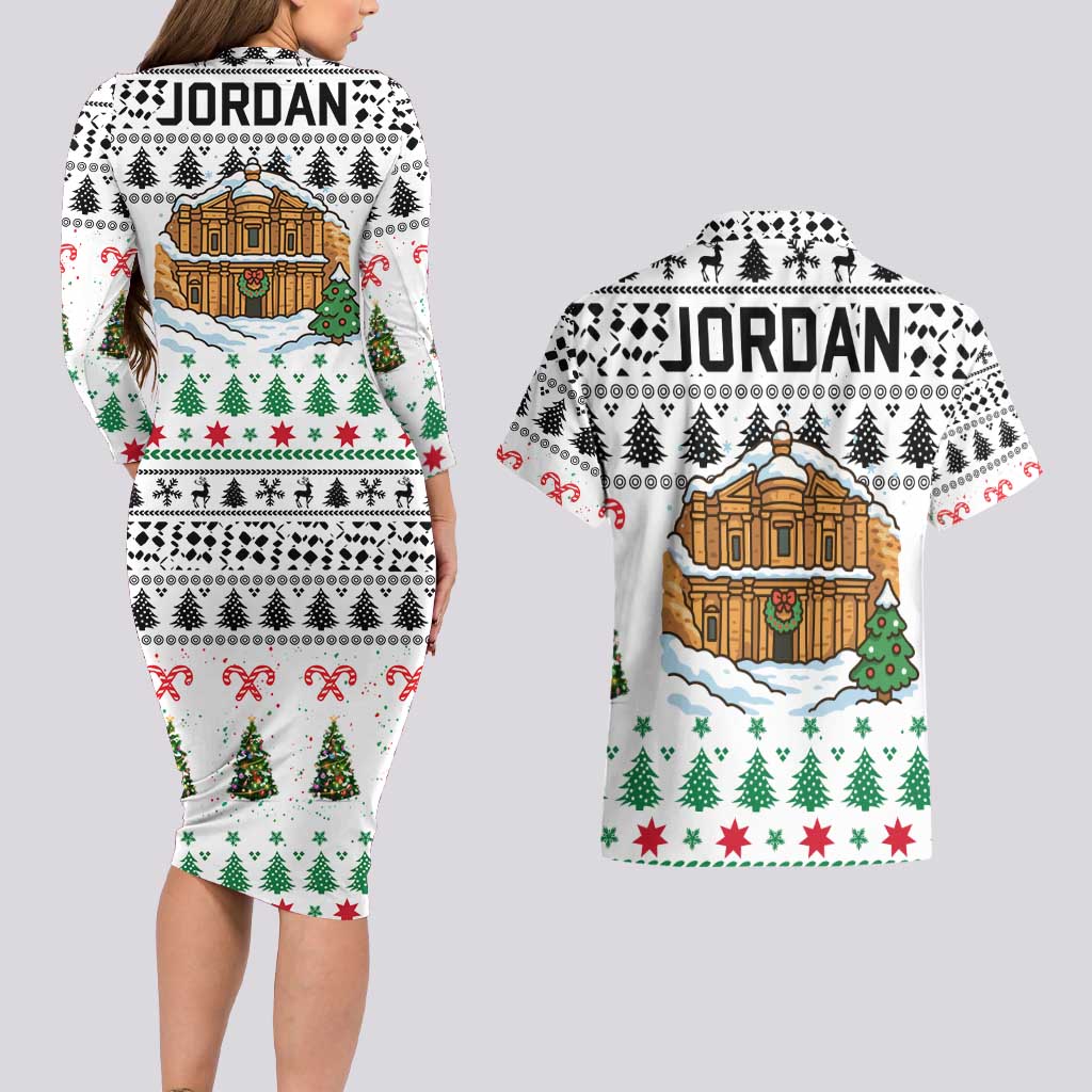 Jordan Christmas Couples Matching Long Sleeve Bodycon Dress and Hawaiian Shirt with Petra Monastery Snow Christmas Trees and Candy Cane Pattern - Wonder Print Shop