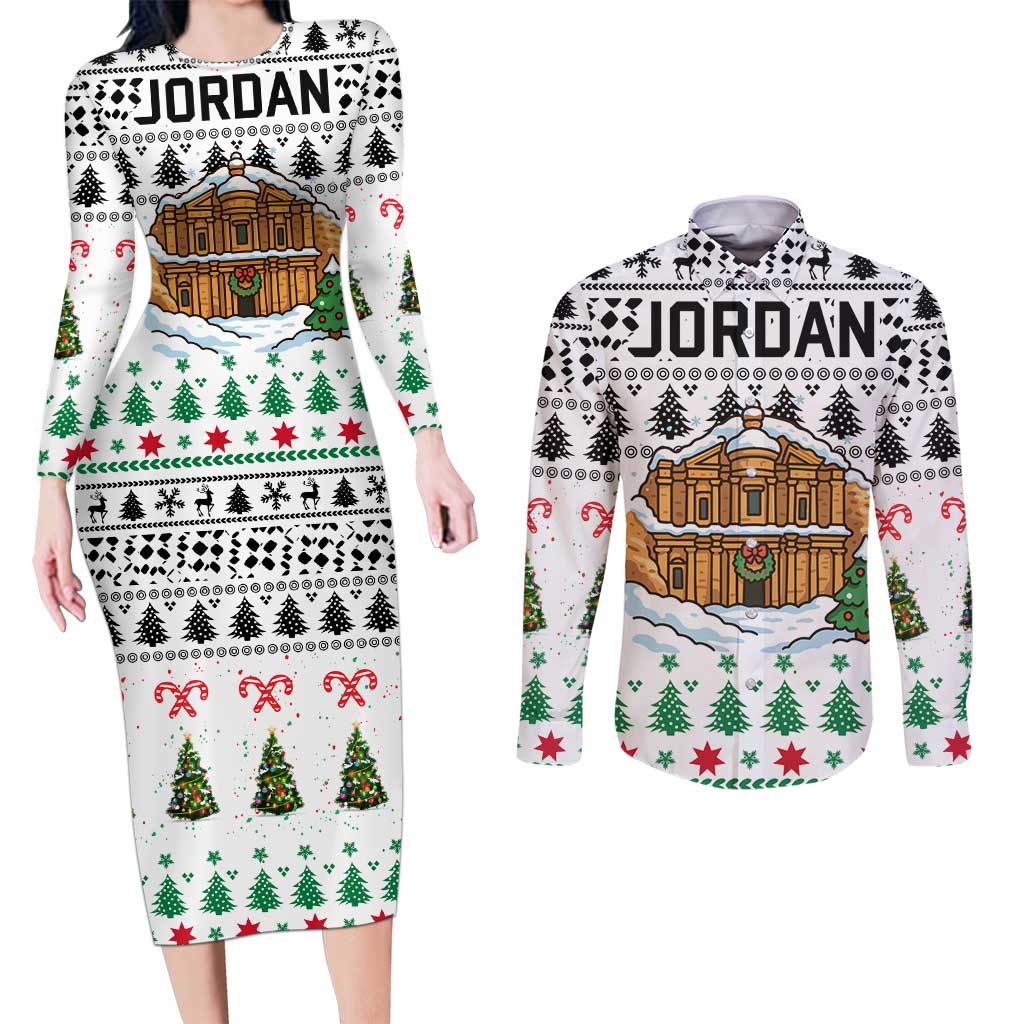 Jordan Christmas Couples Matching Long Sleeve Bodycon Dress and Long Sleeve Button Shirt with Petra Monastery Snow Christmas Trees and Candy Cane Pattern - Wonder Print Shop