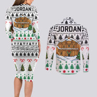 Jordan Christmas Couples Matching Long Sleeve Bodycon Dress and Long Sleeve Button Shirt with Petra Monastery Snow Christmas Trees and Candy Cane Pattern - Wonder Print Shop