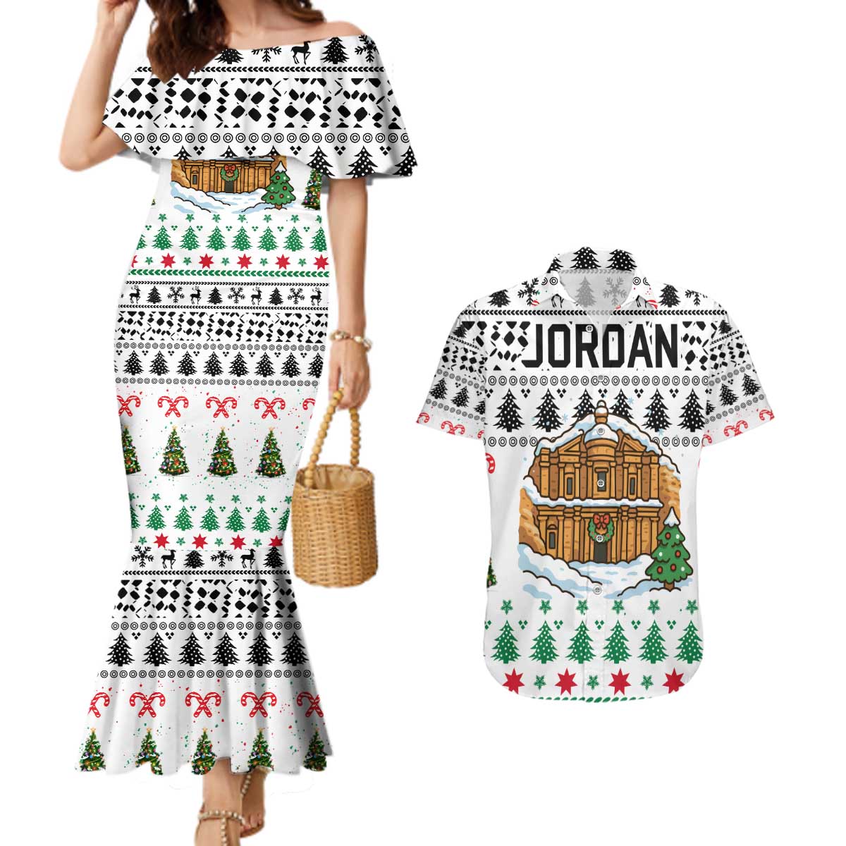 Jordan Christmas Couples Matching Mermaid Dress and Hawaiian Shirt with Petra Monastery Snow Christmas Trees and Candy Cane Pattern - Wonder Print Shop