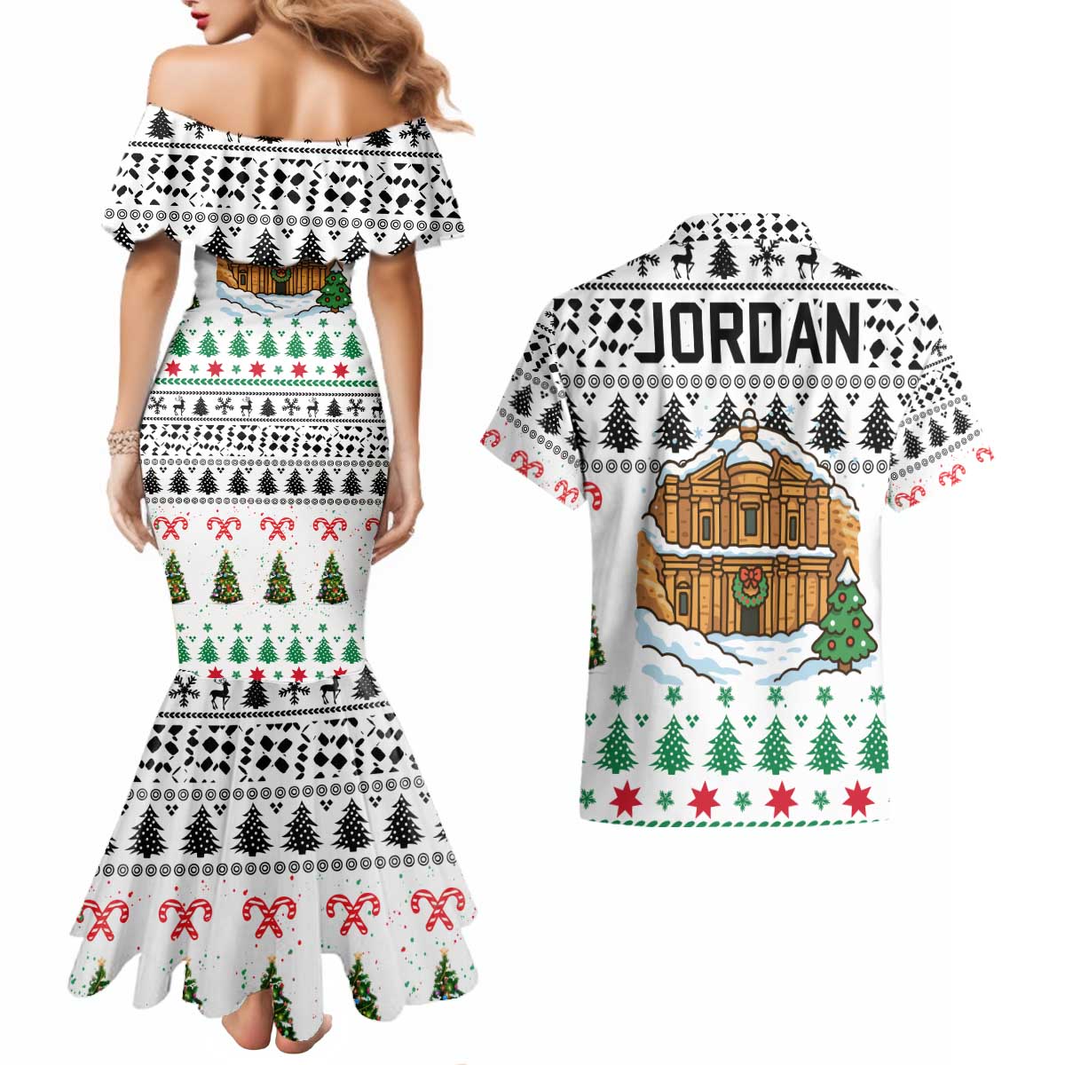 Jordan Christmas Couples Matching Mermaid Dress and Hawaiian Shirt with Petra Monastery Snow Christmas Trees and Candy Cane Pattern - Wonder Print Shop