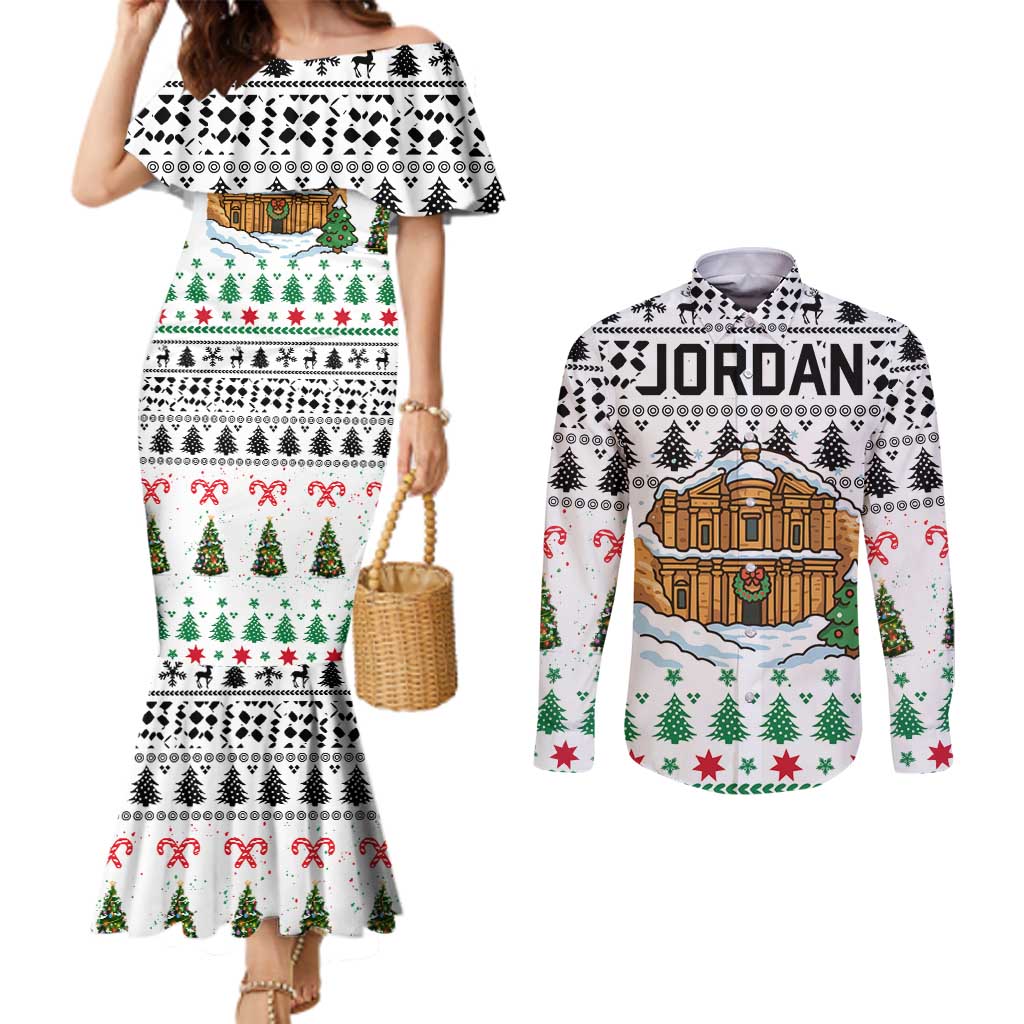 Jordan Christmas Couples Matching Mermaid Dress and Long Sleeve Button Shirt with Petra Monastery Snow Christmas Trees and Candy Cane Pattern - Wonder Print Shop