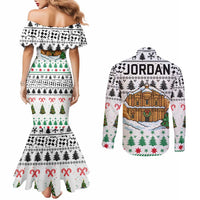 Jordan Christmas Couples Matching Mermaid Dress and Long Sleeve Button Shirt with Petra Monastery Snow Christmas Trees and Candy Cane Pattern - Wonder Print Shop
