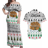 Jordan Christmas Couples Matching Off Shoulder Maxi Dress and Hawaiian Shirt with Petra Monastery Snow Christmas Trees and Candy Cane Pattern - Wonder Print Shop