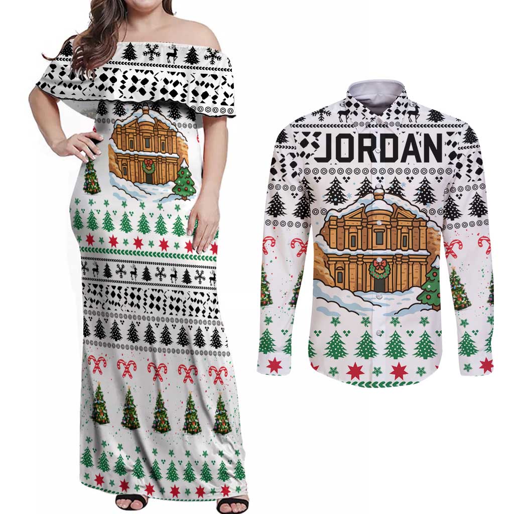 Jordan Christmas Couples Matching Off Shoulder Maxi Dress and Long Sleeve Button Shirt with Petra Monastery Snow Christmas Trees and Candy Cane Pattern - Wonder Print Shop