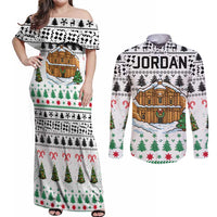 Jordan Christmas Couples Matching Off Shoulder Maxi Dress and Long Sleeve Button Shirt with Petra Monastery Snow Christmas Trees and Candy Cane Pattern - Wonder Print Shop