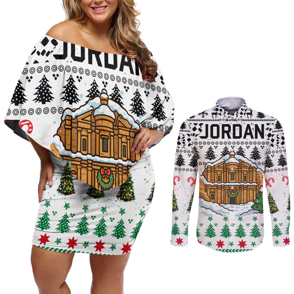 Jordan Christmas Couples Matching Off Shoulder Short Dress and Long Sleeve Button Shirt with Petra Monastery Snow Christmas Trees and Candy Cane Pattern - Wonder Print Shop