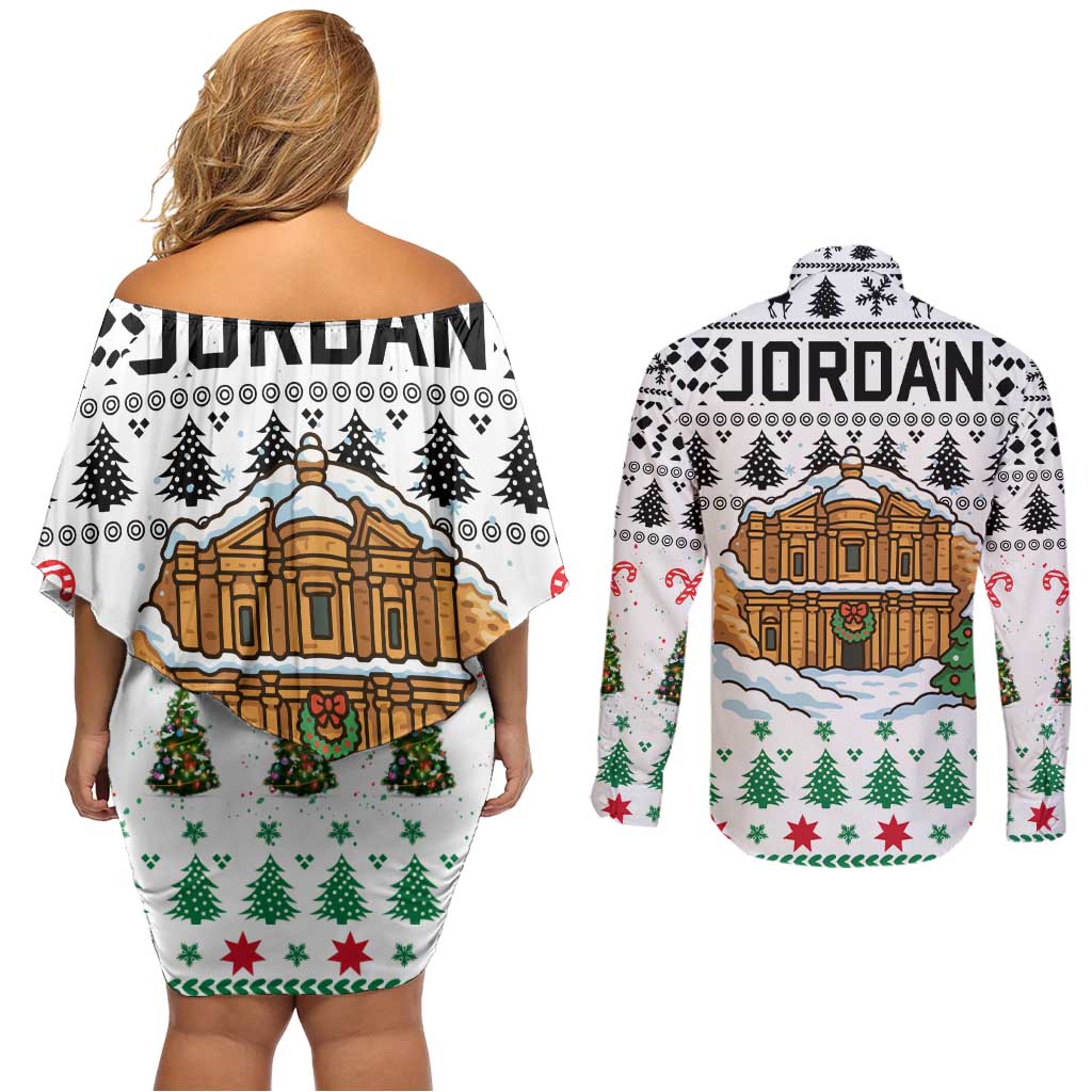Jordan Christmas Couples Matching Off Shoulder Short Dress and Long Sleeve Button Shirt with Petra Monastery Snow Christmas Trees and Candy Cane Pattern - Wonder Print Shop