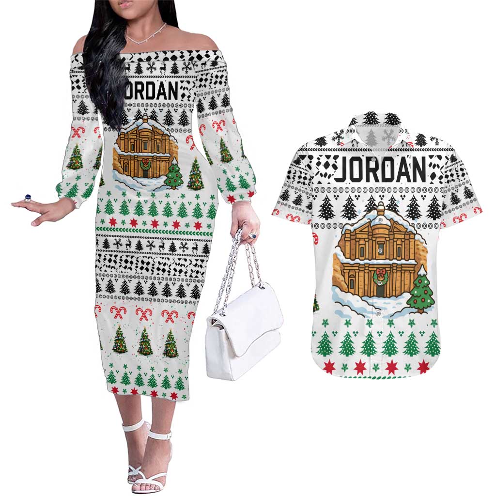 Jordan Christmas Couples Matching Off The Shoulder Long Sleeve Dress and Hawaiian Shirt with Petra Monastery Snow Christmas Trees and Candy Cane Pattern - Wonder Print Shop