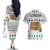 Jordan Christmas Couples Matching Off The Shoulder Long Sleeve Dress and Hawaiian Shirt with Petra Monastery Snow Christmas Trees and Candy Cane Pattern - Wonder Print Shop